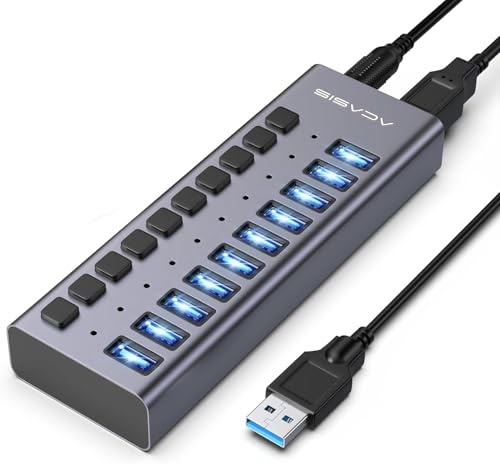 ACASIS Hub USB 3.2 alimenté 10 Ports, Hub USB 10Gbps avec Interrupteurs Individuels, Adaptateur d'alimentation 48 W, Multiports hub USB pour PC/Ordinateur Portable/Clé USB/Imprimante/Appareil Photo