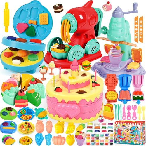 SACBRZZ 4 IN1 Kit plastilina per Bambini, 104 Pezzi Formine per Plastilina Accessori Cucina,Gelateria+Noodle+Pasticcera+Burger, 36 Vasetti Das Pasta modellabile, Regalo per Bambini dai 3 ai 12 Anni