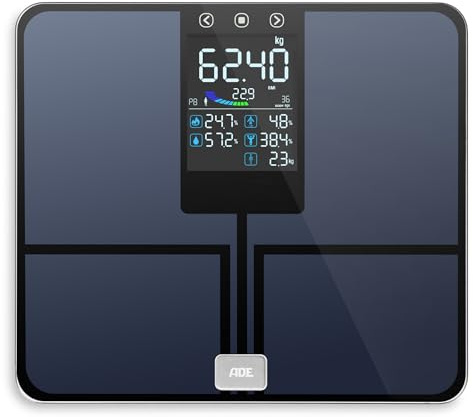 ADE Bascula de baño con pantalle grande a color | bascula grasa corporal y muscular | peso baño | balanza peso corporal hasta 200 kg | 8 posiciones de memoria y reconocimiento de usuario | azul