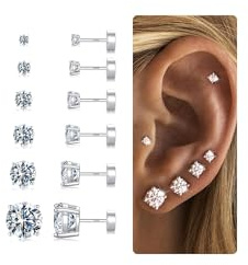 TINGN 6 par örhängen silver 925 för kvinnor män små flatback örhängen piercing CZ/pärlor/rund kulskruv platt baksida brosk örhängen set, Silver