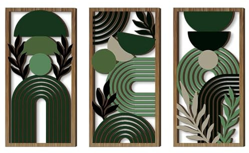 BRTNUP 3PCS Boho Wall Art Set, Green Series Wooden Wall Art,Boho Home Decor | Wooden Wall Decoration for Living Room Bedroom Hallway,Bohemian Botanical Hanging Art,Modern Farmhouse Geometric Wall Hanging