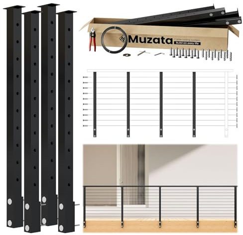 Muzata 12-16FT Modular Black Side Mount Cable Railing Kit 36 Inch 4 Level Post Kit Complete Set Cable Railing System for Decks Length Adjustable Easy DIY with Paper User Guide (No Handrail) RW21