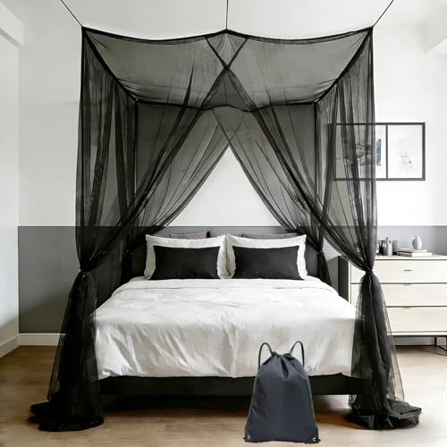 Moskitonetz für Einzel- und Doppelbett – Schwarz Betthimmel mit 4 Ecken(190×210×240 cm), mit Aufhängeset & Tragetasche, 4 Öffnungen, Feinmaschiges Insektennetz für Schlafzimmer, Camping & Reisen