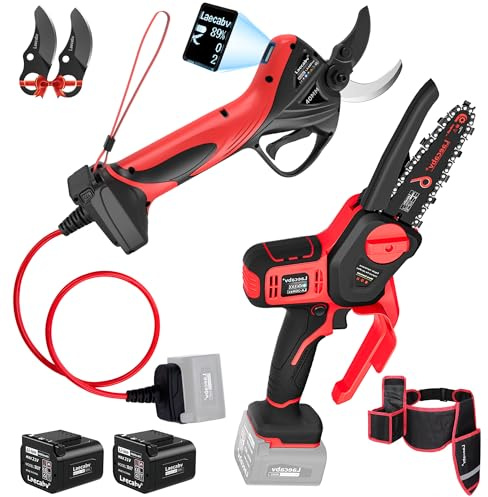 Laecabv Set Potatura Giardino: Motosega a Batteria (Solo Corpo) + Forbici Elettriche con 2 Batterie - Kit Completo Compatibile per Taglio Legna e Giardinaggio (Modelli LA-J6Max & LA40Pro)