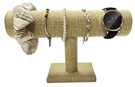 Coward T-Bar Bracelet Holder Organizer Display Jewelry Scrunchie Watch Storage Stand for Home Organization (Yellow Linen)