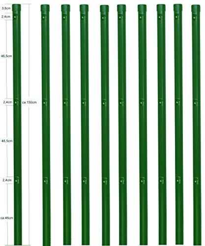 EXCOLO 10er-Set Metall-Zaunpfosten Ø34 mm, 1,5 m, pulverbeschichtet moosgrün RAL 6005, inkl. 3 Spanndrahthalter & Pfostenkappe, zum Einbetonieren – für Maschendrahtzäune bis 1 m Höhe
