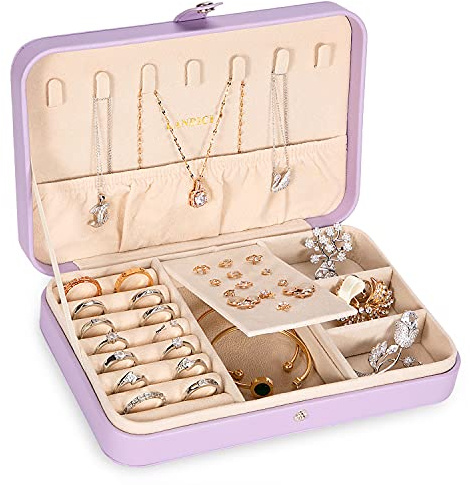 LANDICI Jewellery Box Small Jewellery Organiser for Women Girls, PU Leather Travel Jewellery Storage Case, Portable Jewellery Holder for Ring Earrings Necklace Bracelet, Jewellery Gift Box,Lavender