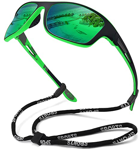 MEETSUN Lunettes de soleil de sport polarisées pour hommes, pêche, cyclisme, baseball, course et conduite, Protection UV400, cadre noir, lentille miroir verte
