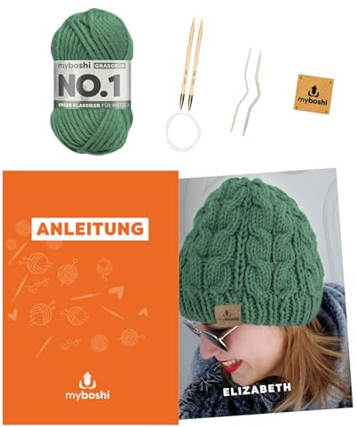 myboshi Strickset Mütze Elizabeth für Fortgeschrittene, inkl. No.1 Wolle, Nadeln, Anleitung, Label, Strickpaket, 70% Polyacryl, 30% Wolle (Merinowolle) Grün, mit Rundstricknadel