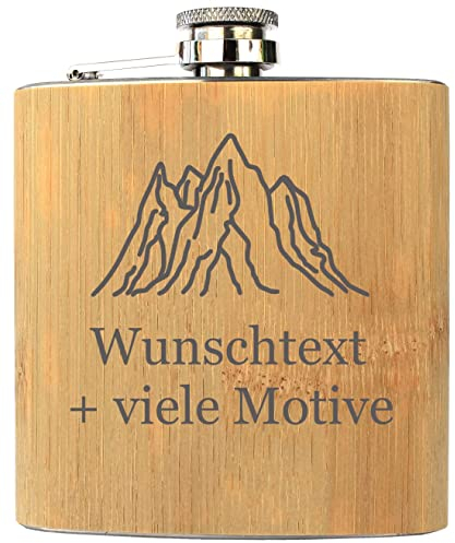 Flachmann mit Gravur, Name + Motiv, Geschenk für Männer + Frauen, Schnapsgeschenk in Holz Optik, aus Edelstahl + Bambus, Füllmenge 175 ml, Geschenke personalisiert von Geschenkissimo