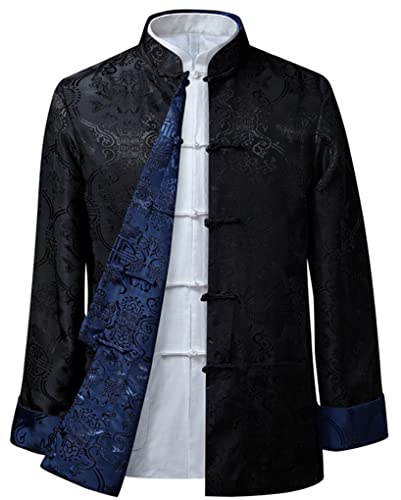 QPZK Kung Fu Jacke Beidseitig tragen Kleidung Herren Stickerei Tang Anzug Herren Hanfu Mantel Traditionelle chinesische Kleidung Baumwolle Leinen Tai Chi Kleidung Kampfsport Kleidung Lang