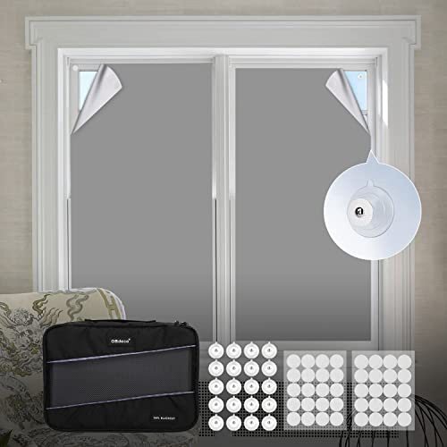 OBdeco Tragbare 100% Verdunkelung Verdunkelungsrollo Reise-Verdunkelungsvorhänge,Oeko-TEX Standard 100,einfach anzubringen,Passend für Fenster jeder Größe und Form (Grau, 145 x 300 cm)