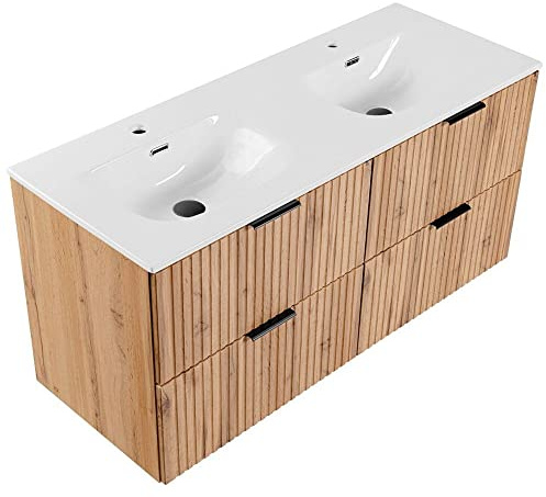 Lomadox Badmöbel Waschtisch mit Unterschrank Set 120cm, Wotaneiche gerillt, 2 Keramik Doppel-Waschbecken, 4 Softclose-Schubkästen, B/H/T 121/58,5/46 cm