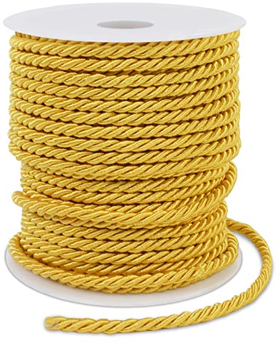 LEREATI Corda intrecciata gialla dorata, 3 mmx25 m, corda in poliestere a 3 veli, morbida corda in raso, corda decorativa in macramè, per fai da te, fai da te, per regali, decorazioni per la casa