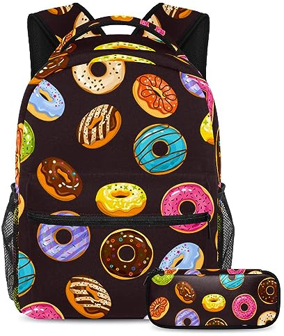 VAPOKF Schulranzen-Set für Teenager, Mädchen, Jungen, Schüler-Büchertasche, Rucksack mit Federmäppchen für die Schule – Streusel und Schokoladen-Donuts, multi, Einheitsgröße, Schulranzen-Sets