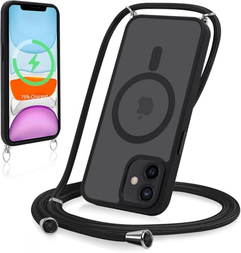 Yoedge Magnetische Handyhülle für iPhone 11 6,1 Hülle mit Band, Kompatibel mit MagSafe, Matt Transluzente PC + TPU Stoßfest Schutzhülle mit Abnehmbar Handyband Kordel zum Umhängen Case, Schwarz