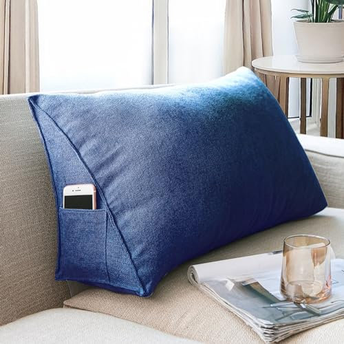 Dreieckige Lesekissen, Rückenkissen Sofakissen groß Für Bett Und Sofa, Keilkissen Rückenlehne Kopfteilkissen mit abnehmbarem Bezug (Color : Dark Blue, Size : 90cm)
