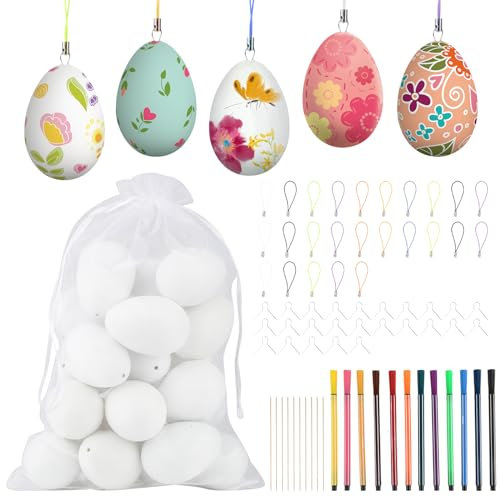 lahnao 25 Stück Deko-Eier Ostern, 6cm Eier Ostern Deko, Deko Ostern Eier zum Aufhängen, Kunststoffeier Ostereier mit Mit Haken, Handykette, Aquarellstiften, Bambusstab, Mulltasche