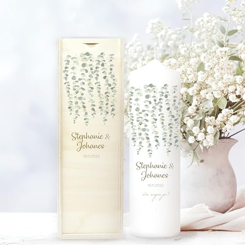 Wandtattoo Loft Hochzeitskerze personalisiert mit Namen und Datum, Motiv mit Eukatyptus Girlande 25cm x 7cm, personalisierte Traukerze, Hochzeit Kerze selbst gestalten, Hochzeitsgeschenk