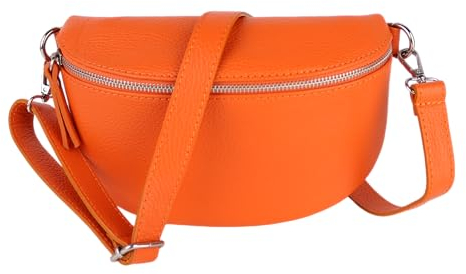 MIRROSI® Bauchtasche Damen, Made in Italy, Echtleder Umhängetasche Echtes Leder, Brusttasche, Crossbody Bag aus Echtem Leder, in 3 Größen erhältlich (Orange Silberner Reißverschluss) (Gr.S)