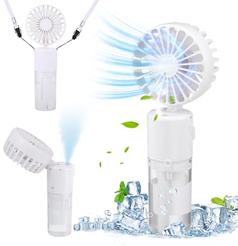 JIZZU Tragbarer Handventilator mit Wassernebel, 4000mAh Mini Ventilator USB, Wasserventilator mit 4 Geschwindigkeiten, Batteriebetriebener kleiner Ventilator für Büro, Reise und Camping
