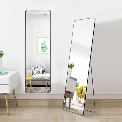 Warmiehomy 147X37cm Full Length Mirror, Floor Full Body Rectangular Standing Mirror with Stand, Hanging or Leaning Against for Bedroom Cloakroom, Black