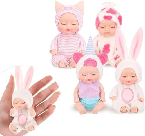 Fiotha Babypuppe, 4 Stück Newborn Reborn Baby, Mini-Babypuppe, Baby Mini Puppen, Waschbares PVC-Material, Realistische Babypuppe, Weicher Körper, Puppenspielzeug für Mädchen, Kleinkinder, Kinder