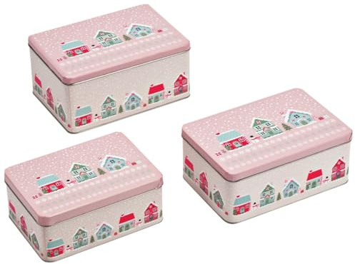 Gebäck-Dosen eckig Merry Christmas 3er Set - Plätzchendosen aus Metall Rosa Scandi Weihnachtsdorf Häuser für Plätzchen Kekse & Snacks - Keksdose Vorratsdose Blechdose mit Deckel in 3 Größen