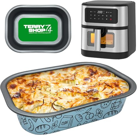 Terryshop74® Plaque de cuisson bleue rectangulaire 22 x 16 x 5 cm en aluminium antiadhésif – Mini plaque pour friteuse à air, four et airfryer – réutilisable, spacieuse et facile à nettoyer (base 20 x