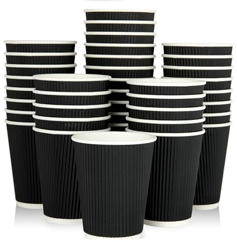 NIEVAN 500 X 8oz Disposable Coffee Cups - Biodegradable, Compostable Ripple Paper Cups, Insulated Black Kraft Takeaway Cups, Non-Slip Leakproof Design for Hot and Cold Drinks, Cafes, Offices & Parties