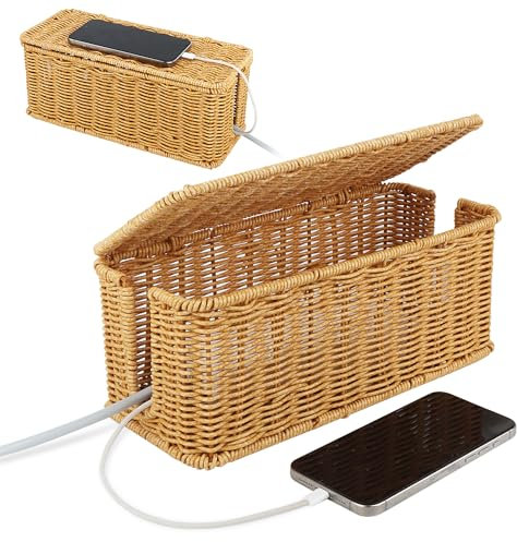 VFANDV Boîte D'organisation des Câbles en Rotin, Boîte De Rangement pour Câbles, Multiprises Et Câbles De Gestion Pour Bureau Et Maison, 31,5 x 13 x 13 cm