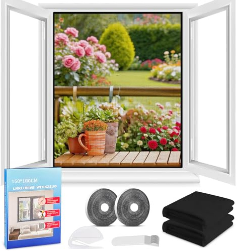 2 Stück Fliegengitter Fenster,Insektenschutz Fenster 150x180CM Mückenschutz Fenster mit Klettband Selbstklebeband,Fliegennetz Fenster,Moskitonetze für Fenster,schützen die Familie vor Insekten