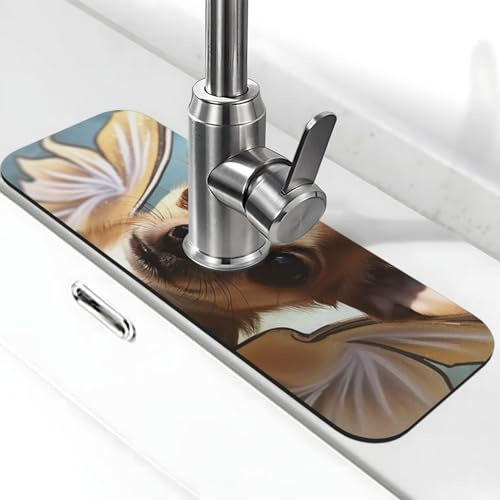 Brown Angel Wings Faucet Mat for Kitchen Sink, Super Absorben Faucet Pad Splash Catcher, Diatomite Fast Drying Stone Faucet Handle Drip Catcher Tray Mat for Bathroom Sink Drying Pad 15 x 5.5