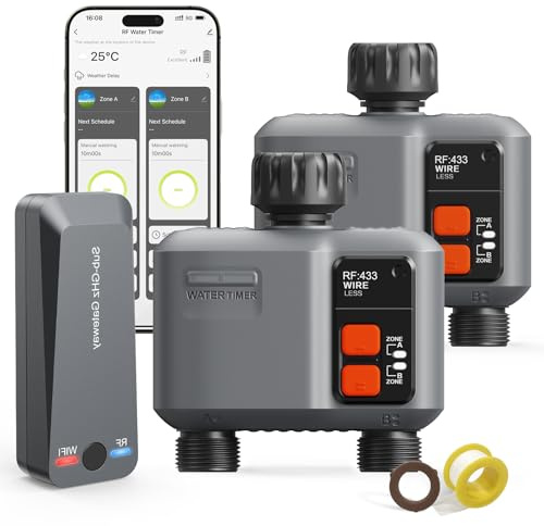 johgee Programmatore di irrigazione WiFi a 2 uscite con RF 300M, set da 2 Programmatore di irrigazione per giardino Compatibile con Alexa e l'applicazione Smart Life, sistema di irrigazione automatico