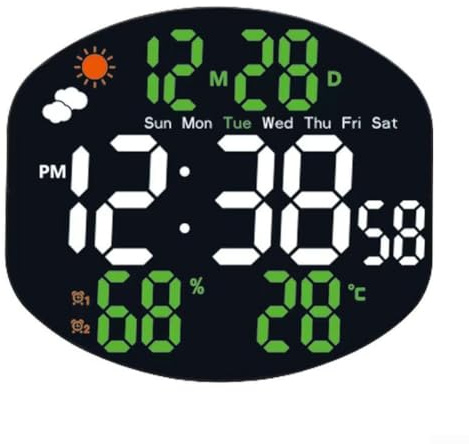 Niceminiwall Large Digital Wall Clock, Display LED Weather Station Temperature Humidity Monitor Indoor Clock With Remote Control Dual Alarm 12/24 Hour Format(White and green)