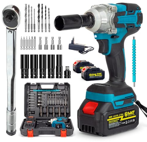 MAKTUL Pistola de Impacto a Batería con Llave Dinamométrica 1/2'' Torque, 2 Baterías 4000mAh 20V 300Nm, Taladro Atornillador Destornillador Eléctrico Inalámbrico con Accesorios para Coche Bicicleta