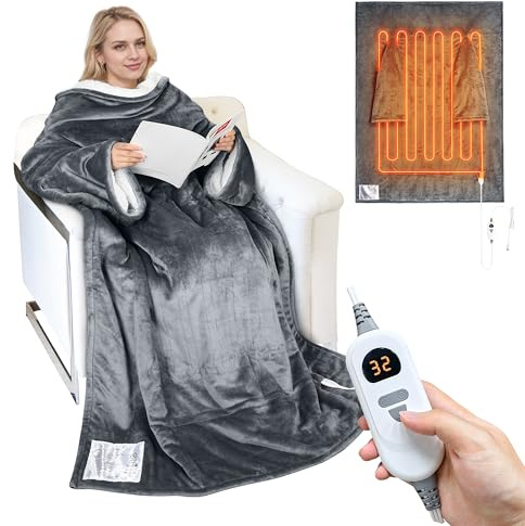 Catalonia Classy Coperta elettrica con maniche, coperta termica elettrica con spegnimento automatico, 5 livelli di riscaldamento e 4 timer, soffice coperta Sherpa con maniche come regalo per donne e