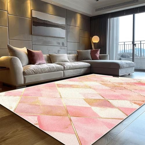 AUWUUA - Moderna geometriska sovrumsmattor i rosa och guld (80 x 150 cm), triangulär marmordesign, mjuk, halkfri, tvättbar, för hall, matsal, kontor