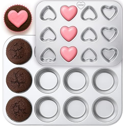 immer Set med 2 muffinsformar i rostfritt stål – 12 muffins + mini hjärtan – PFAS-fri, utan beläggning, värmetålig, hållbar, lätt att rengöra, diskmaskinsäker
