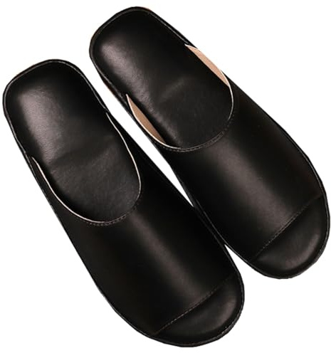 Lädertofflor Dam Herr Andningsbart Läder Mjuk Slät Sula Platta Skor För Sovrummet Halkfria Hustofflor Inomhus- Och Utomhusskor(Black,EUR43-44)