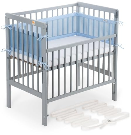 FabiMax Boxspring Baby Beistellbett Flex 90x55, aus Buchenholz grau lackiert, mit innovativem verstellbarem Seitengitter, passend für Boxspringbetten (Matratze Classic, Blau)