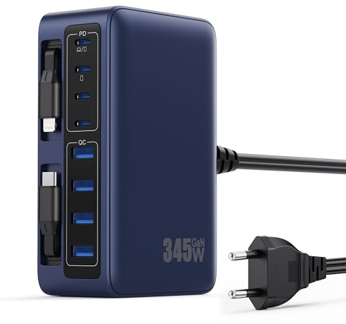 345W Chargeur USB C Multiple avec Câble Rétractable, 10-en-1 GaN VI Tech Prise USB, PD/PPS/QC Chargeur Rapide Multiple Station de Charge pour MacBook Pro/Air, iPhone, i Pad, Sam Sung Tablette (Bleu)