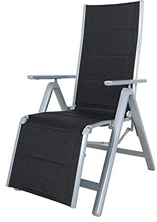 Fauteuil Relax Pliant avec Repose-Pieds, structure en aluminium, Noir / Argent