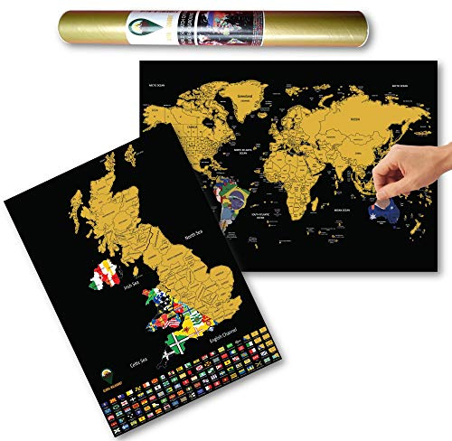 Global Walkabout Rubbel-Welt- und UK-Karte mit Flaggen-Hintergrund, Deluxe-Reisegröße, Welt- und UK-Karten-Poster, Länder und Fakten, Reisegeschenk, Schwarz