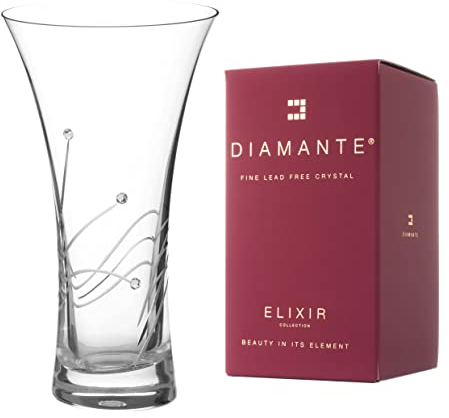 DIAMANTE Swarovski Hollow Sided Trumpet Vase ‘Glasgow’ Crystal Flared Vase with Swarovski Crystals - 21cm – Crystal Glass