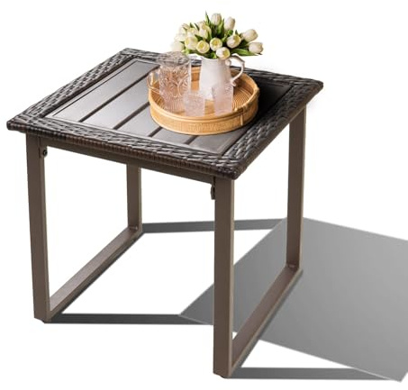 FYRICKYLINOO Wicker Outdoor Side Table for Patio, All Weather Small Square Rattan Outdoor End Table, Wicker Table for Outside Porch Balcony Lawn Garden Bistro, Brown