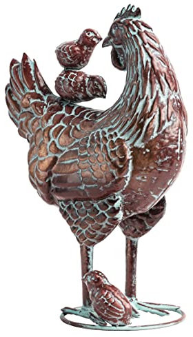 CLYB Metal Hen with Chicks Statues Yard Art, 13.5x18 Metal Hen Chicken Figurine Decor, Vintage Outdoor Garden Statue Sculpture, Lifelike Garden Mother Hen & Baby Chick Sculptures for Chicken Lovers