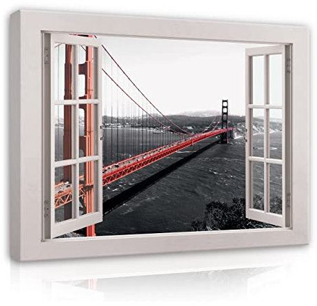 WallArena - Leinwand Bilder - Fensterbilck Fenster New York Brücke - 80x60 cm Leinwandbilder - Bild auf leinwand - Wandbild XXL groß Wandbilder für Wohnzimmer Schlafzimmer Wohnzimmerbilder Modern