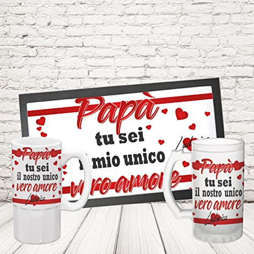 Generico Kit Barman COPPIA TAPPETINO per BANCONE da BAR PIÙ BOCCALE “PAPA' UNICO VERO AMORE” Bicchiere BIRRA IN CERAMICA O VETRO SATINATO PERSONALIZZABILE idea regalo per Papà