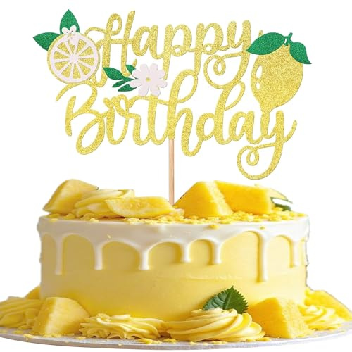1 Pack Lemon Cake Topper Glitter Happy Birthday Cake Pick for Fruit Theme Baby Shower Kids Boys Girls Birthday Party Summer Fruit Lemon Cake Decorations Supplies